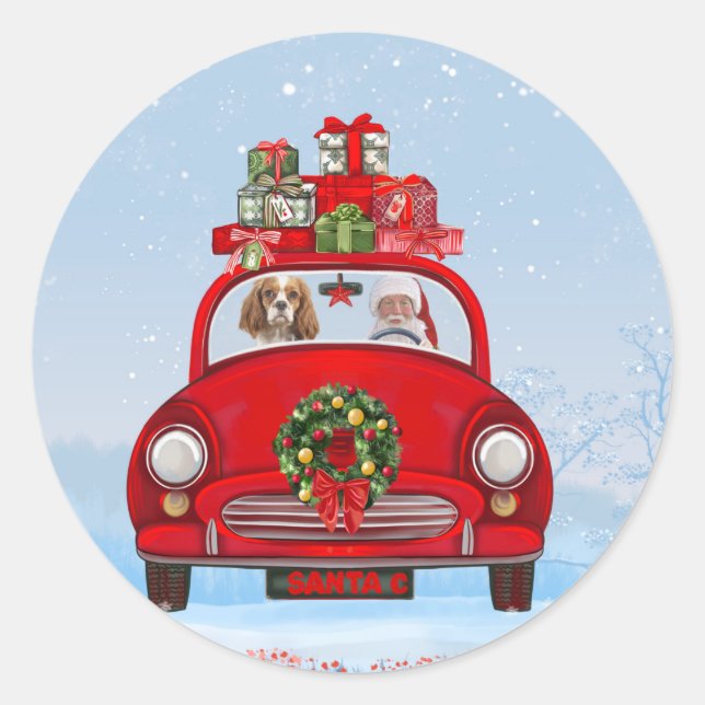 Sticker Rond Chien Roi Cavalier En Voiture Avec Le Père Noël (Devant)