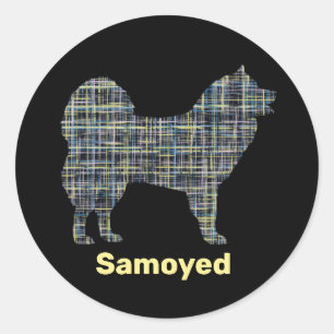 Sticker Rond Chien Samoyé Silhouette Jaune & Grille noire