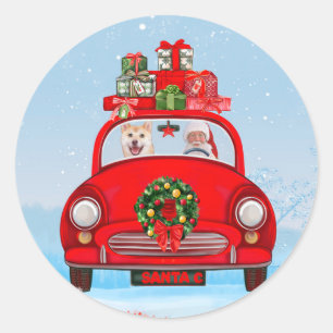 Sticker Rond Chien Shiba Inu En Voiture Avec Le Père Noël