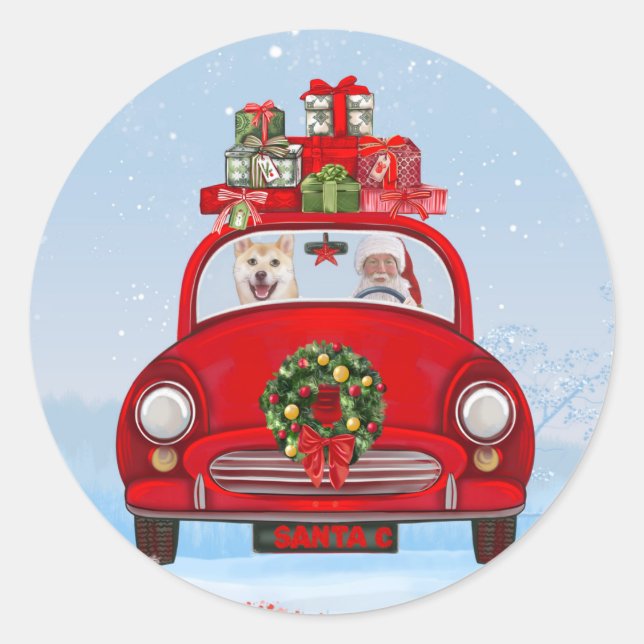 Sticker Rond Chien Shiba Inu En Voiture Avec Le Père Noël (Devant)
