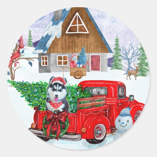 Sticker Rond Chien sibérien Husky dans la livraison de Noël Cam (Devant)