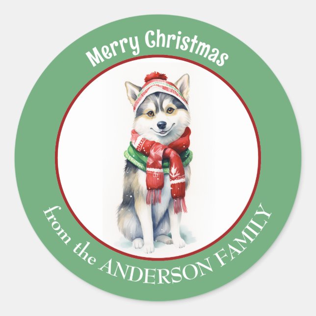 Sticker Rond Chien sibérien Husky dans l'écharpe de Noël rouge  (Devant)