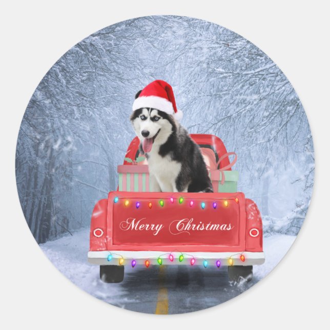Sticker Rond Chien sibérien Husky en neige assis Camion de Noël (Devant)