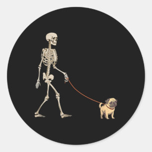 Sticker Rond Chien squelette de carlin drôle promenade chien Ha