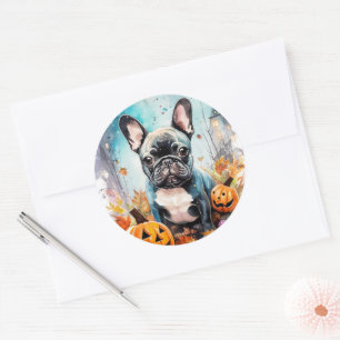 Sticker Rond Chien-taureau français d'Halloween avec la peur Ci