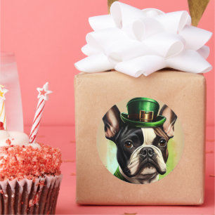 Sticker Rond Chien-taureau français en tenue de la Saint Patric