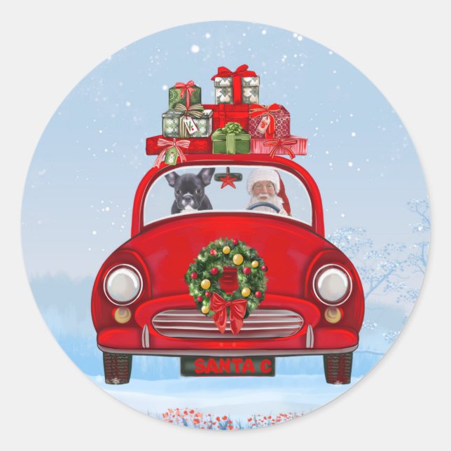 Sticker Rond Chien-taureau français en voiture avec le Père Noë (Devant)