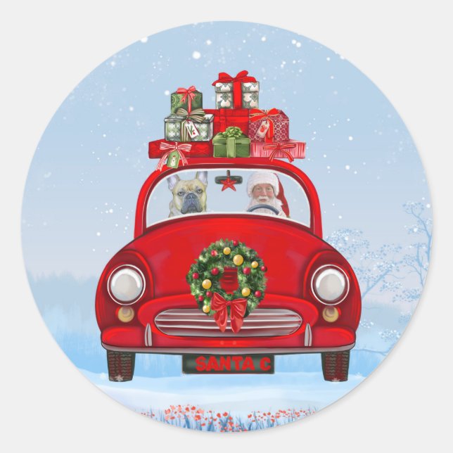 Sticker Rond Chien-taureau français en voiture avec le Père Noë (Devant)