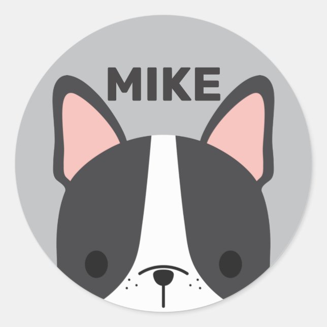 Sticker Rond Chien-taureau français mignon avec nom personnalis (Devant)