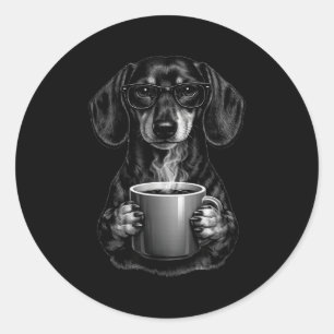 Sticker Rond Chien teckel amateur de café drôle intelligent ave