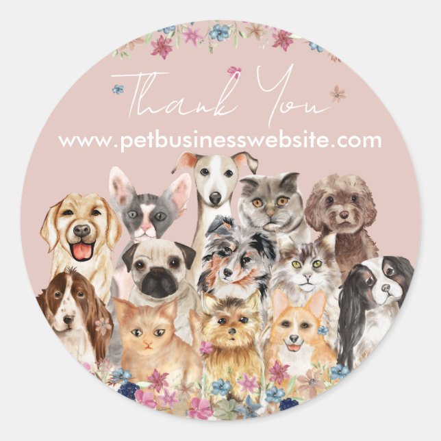 Sticker Rond Chiens de chats en Merci rose (Devant)