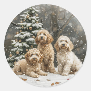 Sticker Rond Chiens de chiot de Noël Goldendoodle
