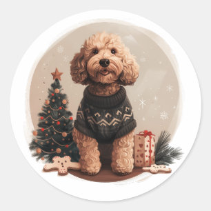 Sticker Rond Chiens de chiot de Noël Goldendoodle