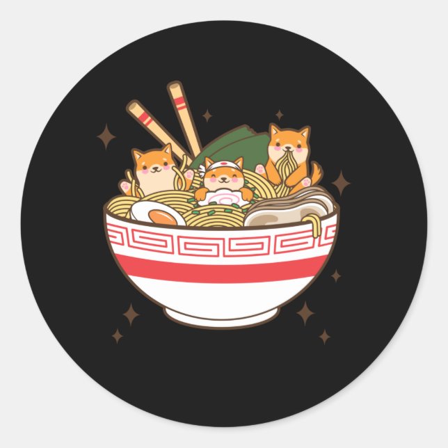 Sticker Rond Chiens de Kawaii mangeant Ramen (Devant)