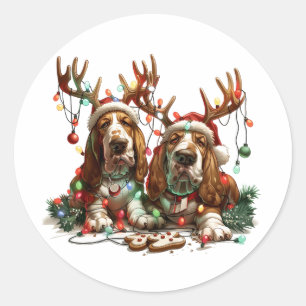 Sticker Rond Chiens de Noël Basset Hound