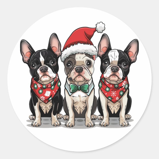 Sticker Rond Chiens de Noël Boston Terrier (Devant)