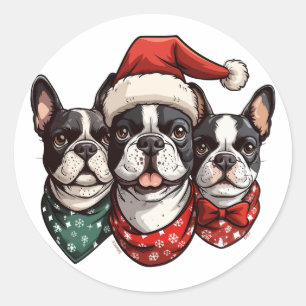 Sticker Rond Chiens de Noël Boston Terrier