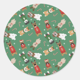 Sticker Rond Chiens de Noël Motif Rouge Vert