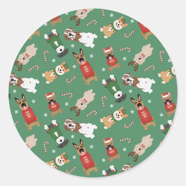 Sticker Rond Chiens de Noël Motif Rouge Vert (Devant)