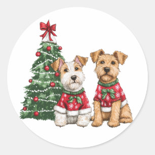 Sticker Rond Chiens de Noël Welsh Wire Fox Terrier