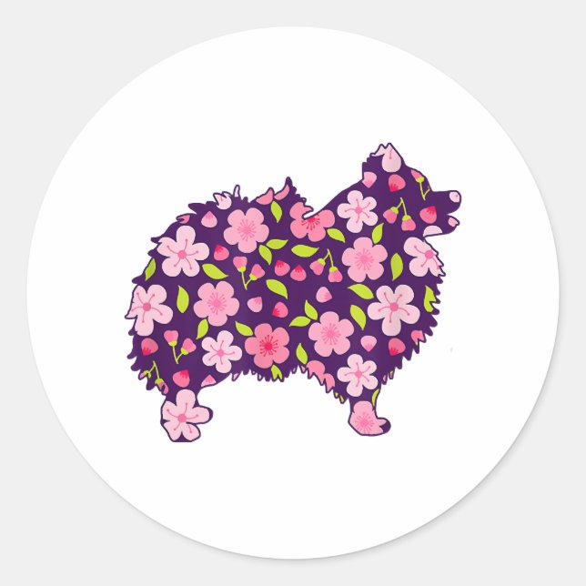 Sticker Rond Chiens de Poméranie Fleur Motif Poméraniens Lover (Devant)