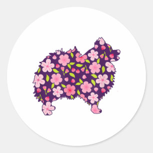 Sticker Rond Chiens de Poméranie Fleur Motif Poméraniens Lover