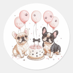 Sticker Rond Chiens de taureaux français d'anniversaire gâteau 