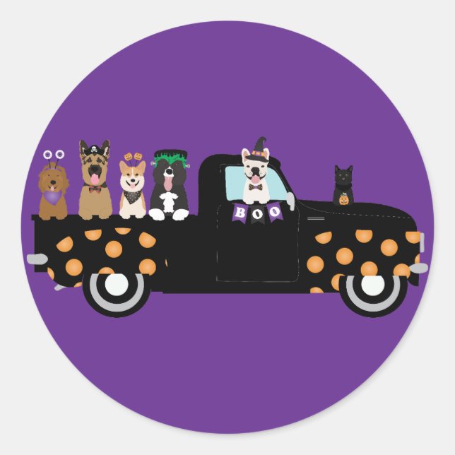 Sticker Rond Chiens D'Halloween Dans Un Camion De Ramassage (Devant)