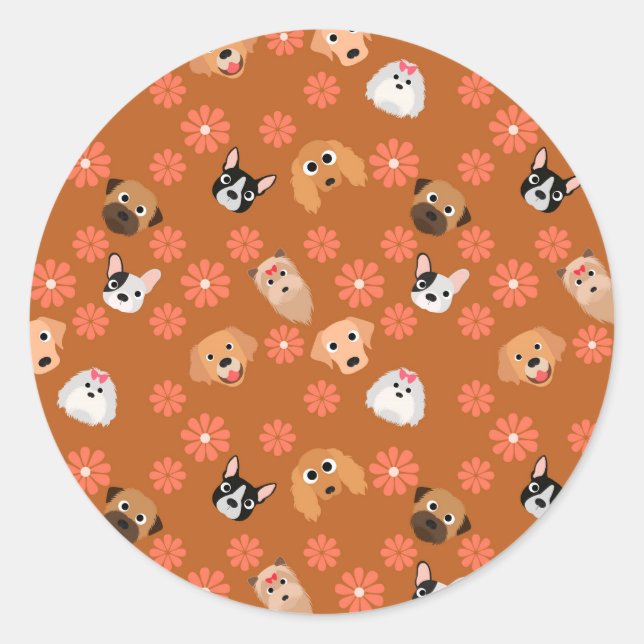 Sticker Rond Chiens et fleurs rouille (Devant)