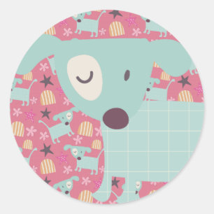 Sticker Rond Chiens, étoiles et fleurs