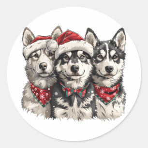 Sticker Rond Chiens Husky de Noël
