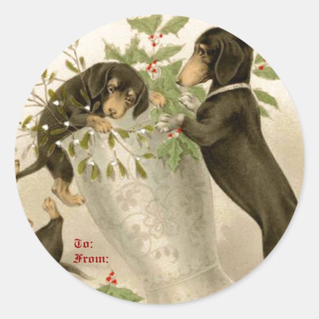 Sticker Rond Chiens jouant avec le mistletoe de Noël et la baie (Devant)