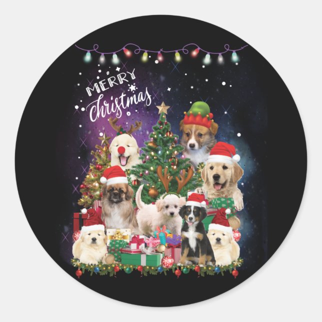 Sticker Rond Chiens Joyeux Noël Lumière (Devant)