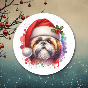 Sticker Rond Chih Tzu Chien à Santa Hat Noël