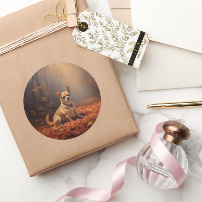 Sticker Rond Chihuahua à l'automne Leaves automne Inspire (Cadeaux)