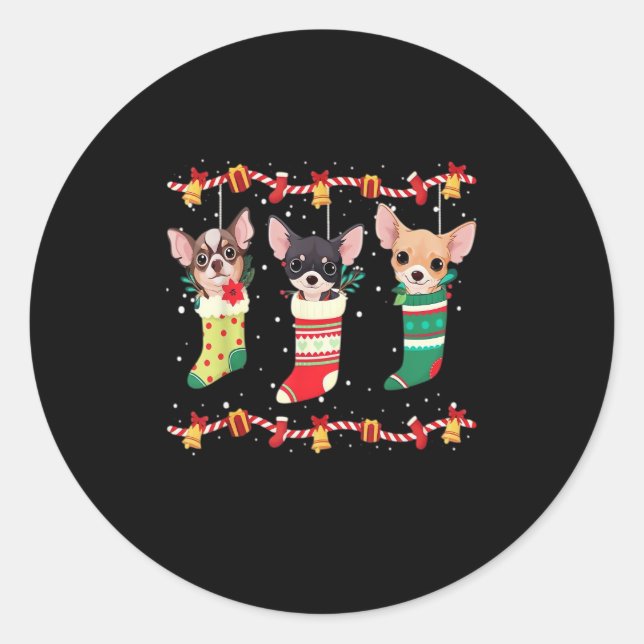 Sticker Rond Chihuahua Chaussettes de Noël Lumières Drôle Chien (Devant)