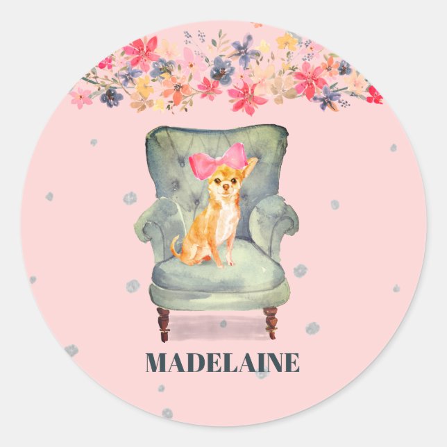 Sticker Rond Chihuahua Chien Floral Rose Silver (Devant)