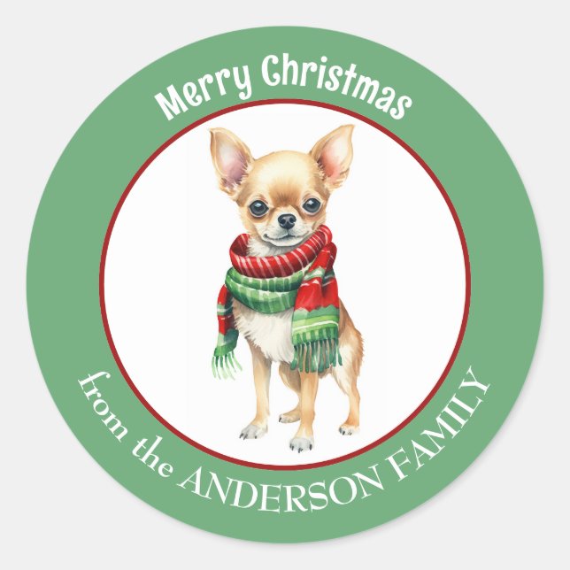 Sticker Rond Chihuahua Chig en rouge et vert Écharpe de Noël (Devant)