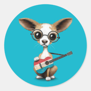 Sticker Rond Chihuahua Chiot Jouer Luxembourg Drapeau Guitare