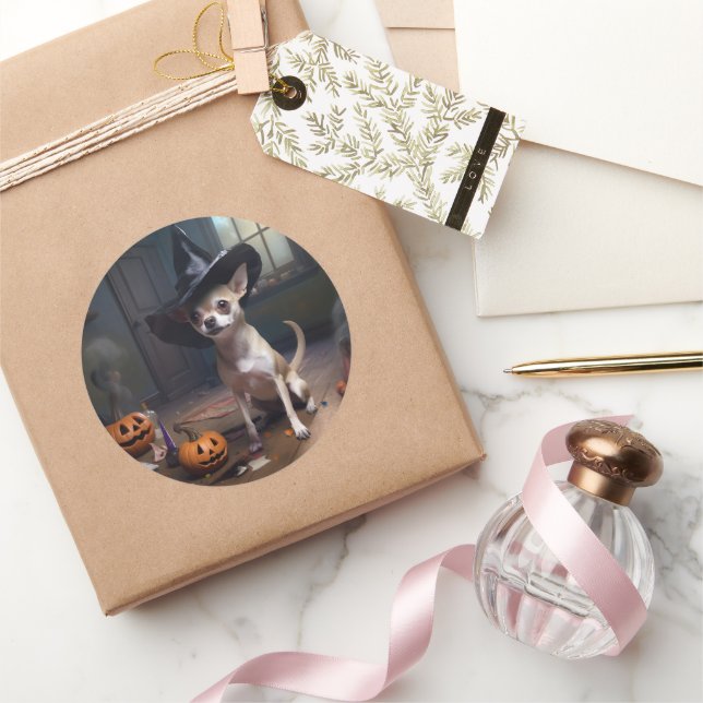 Sticker Rond Chihuahua Citrouilles Halloween effrayant (Cadeaux)