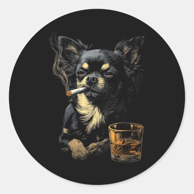 Sticker Rond Chihuahua Smoking Cigarette Whisky Lover Funny Dog (Devant)