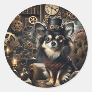 Sticker Rond Chihuahua Steampunk noir et blanc aux cheveux long