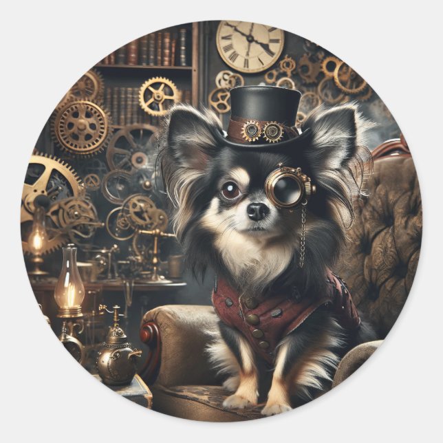 Sticker Rond Chihuahua Steampunk noir et blanc aux cheveux long (Devant)