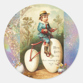 STICKER ROND CHILD WITH EASTER EGG BIKE AND COLORFUL FLOWERS