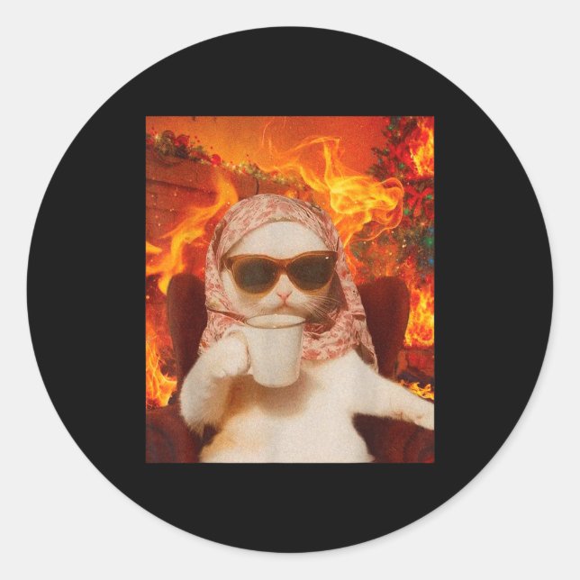 Sticker Rond Chill Cat And Coffe Xmas Funny Cat Meme Y2k Joke  (Devant)