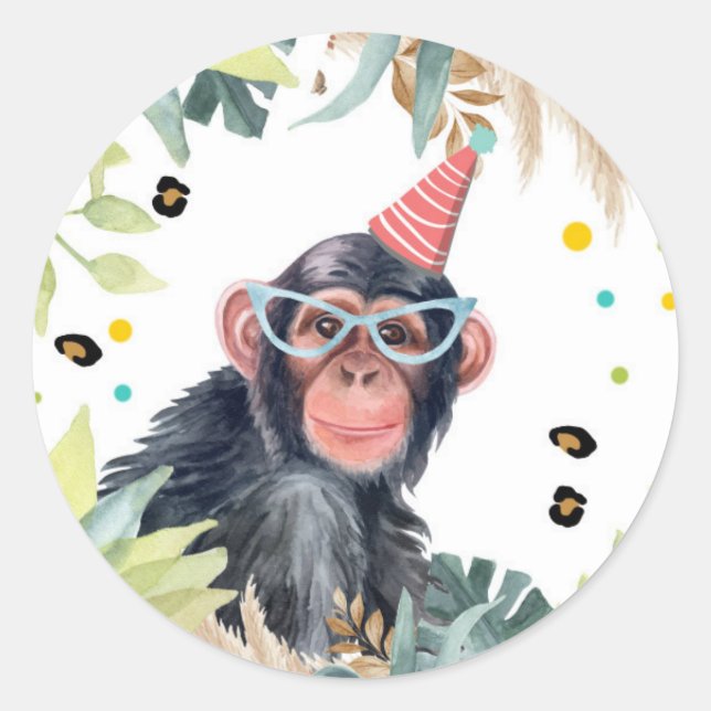 Sticker Rond Chimpanse Singe Safari fête Animal Anniversaire (Devant)