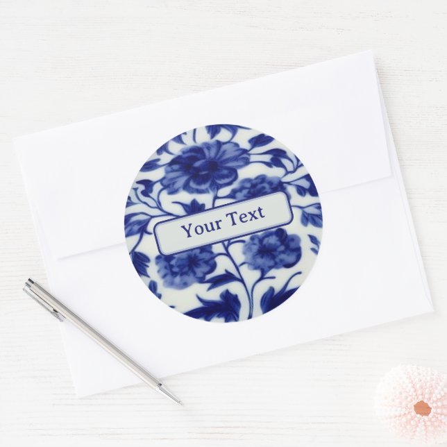 Sticker Rond Chine peinte en bleu et blanc - Votre texte (Enveloppe)