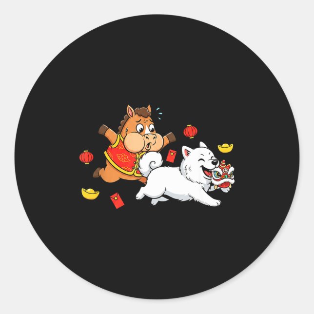 Sticker Rond Chinese Horse Samoyed Funny Kids Mens Womens Happy (Devant)