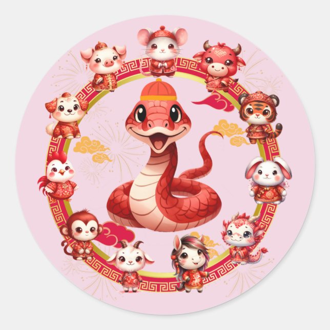 Sticker Rond Chinois Lunaire Conception du serpent du Nouvel An (Devant)
