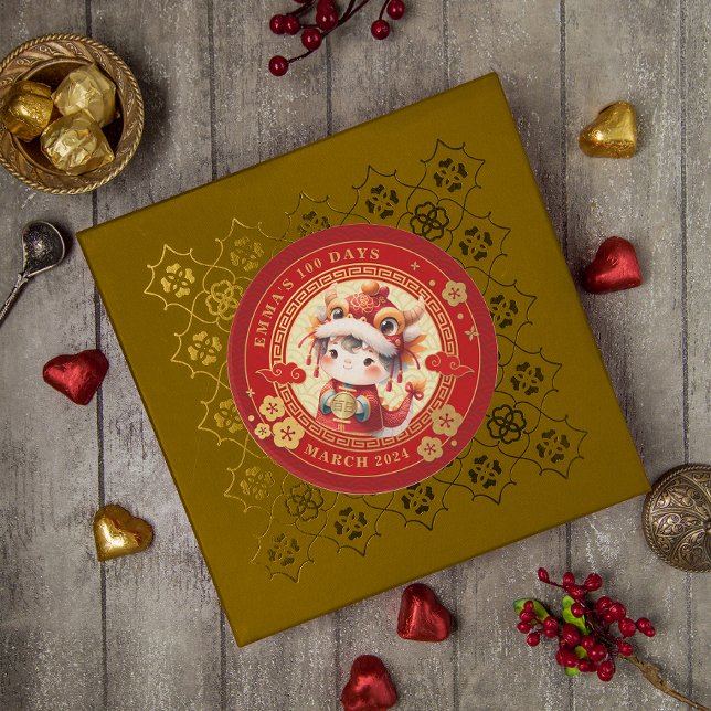 Sticker Rond Chinois Traditionnel Bébé 100 Jours 百 日 Invitation (Stick with Joy! Our vibrant stickers add flair to your party decoration!)